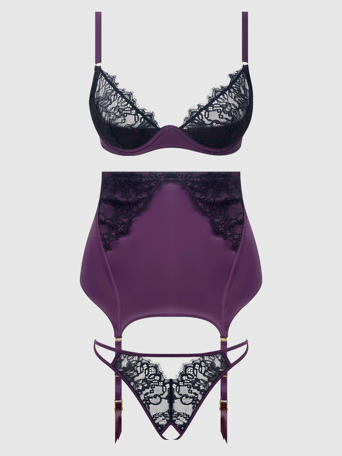 Ensemble soutien-gorge, porte-jaretelle et string sans entrejambe dentelle et satin JOCELYN