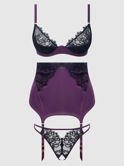 Ensemble soutien-gorge, porte-jaretelle et string sans entrejambe dentelle et satin JOCELYN